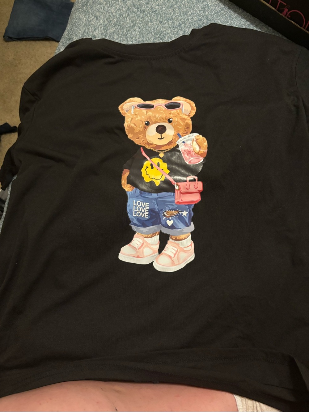 SHEIN Black Short Sleeve Tee with Bear Graphic and Pink Accent